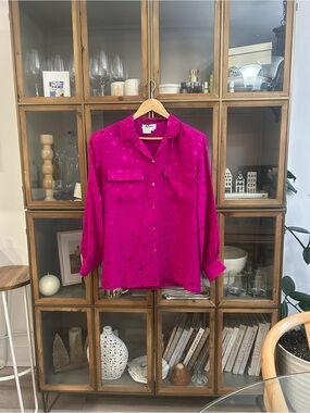 Vintage Rouie 100% Silk Button-Down Blouse in Fuchsia with Polka Dot Texture